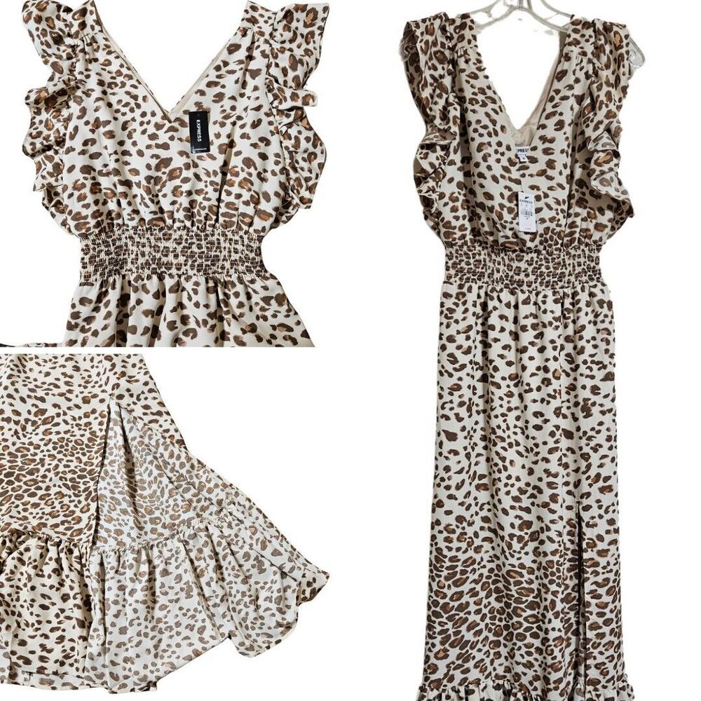 NWT Express Leopard Ruffle Sleeve Smocked Maxi Dress Long Women's XS